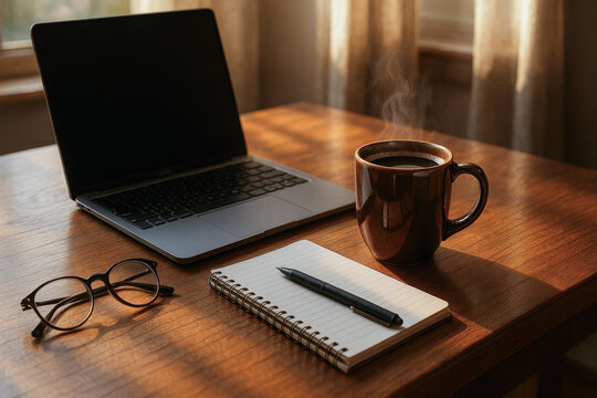 Warm morning workspace with coffee, laptop, notebook, and glasses on wooden desk, reflecting productivity, focus, and coffee-driven routines.
