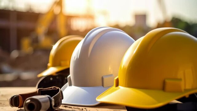 Construction site with row of protective hardhats and safety glasses, equipment on wood surface, heavy machinery operating in soft sunlight