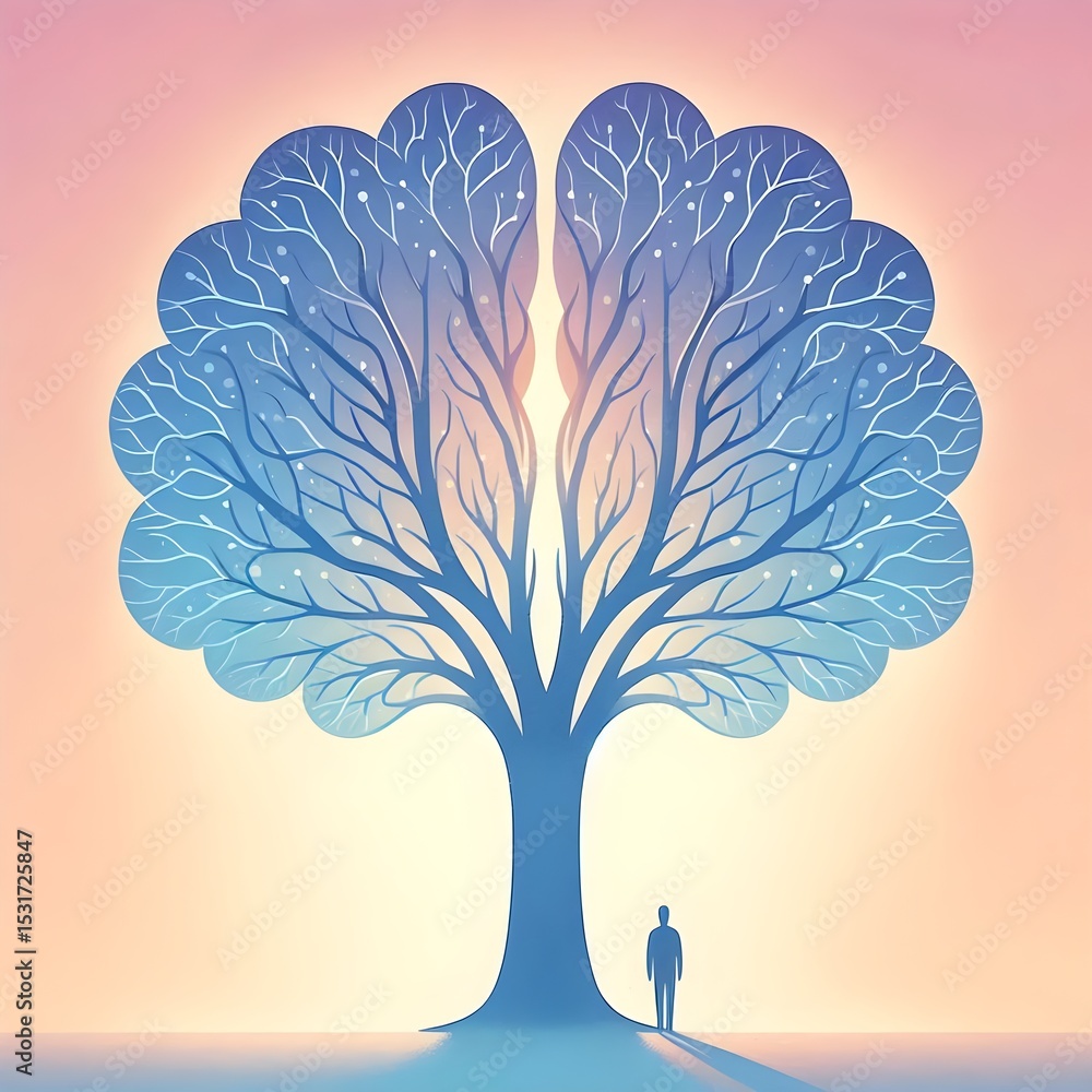 Poster tree with brain-shaped branches growing upward on pastel gradient background as metaphor for emotion
