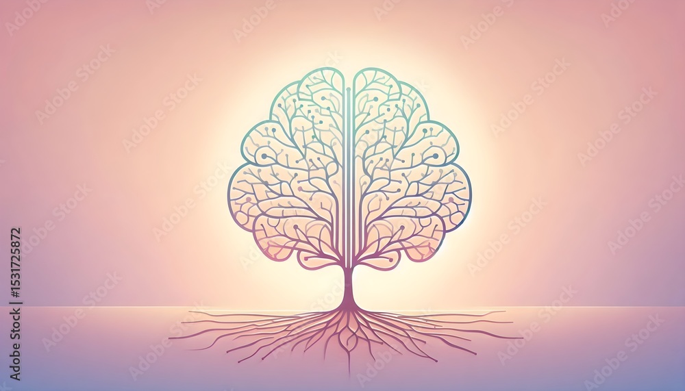 Poster minimal symbolic tree with neural-inspired brain canopy on soft pastel background representing thoug