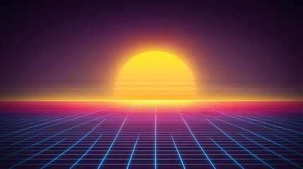 Retro sunset over grid landscape horizon