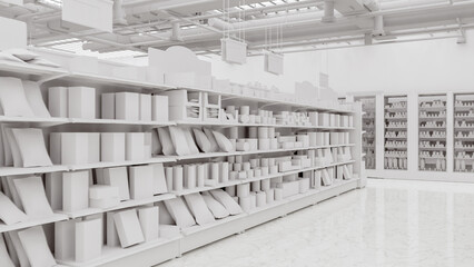 3D Rendering. Store interior supermarket with shelf shelves.
