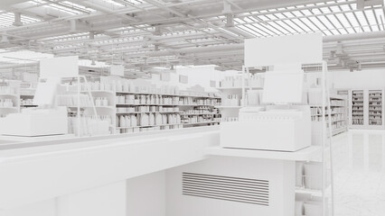 3D Rendering. Store interior supermarket with shelf shelves.