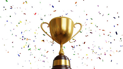 Golden trophy with falling colourful confetti on white background. 3d illustration