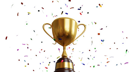 Golden trophy with falling colourful confetti on white background. 3d illustration
