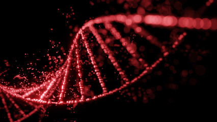 3D render of futuristic dna spiral on dark background. Biotechnology, genetic engineering, health and future concept.