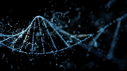 3D render of futuristic dna spiral on dark background. Biotechnology, genetic engineering, health and future concept.