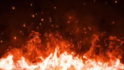 3D Burning embers glowing. Fire Glowing Particles on Black Background