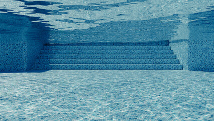 Underwater shot of the swimming pool with blue tile and clear water background. 3d render