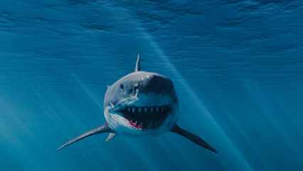 Great white shark swimming in tropical underwaters. 3d illustration rendering