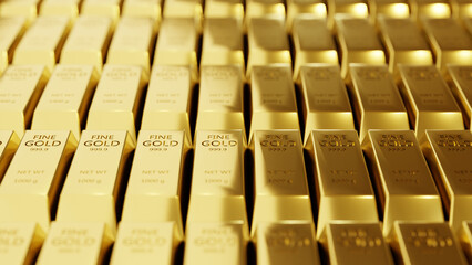 Close-up 3d illustration view of fine gold bars.