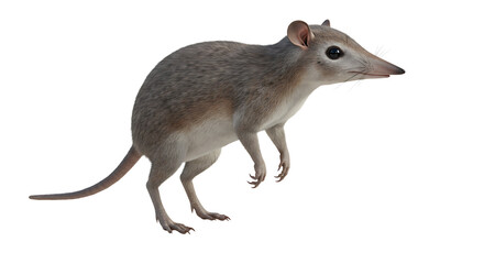 Longnosed bandicoot with grey fur and a pointed snout standing alert