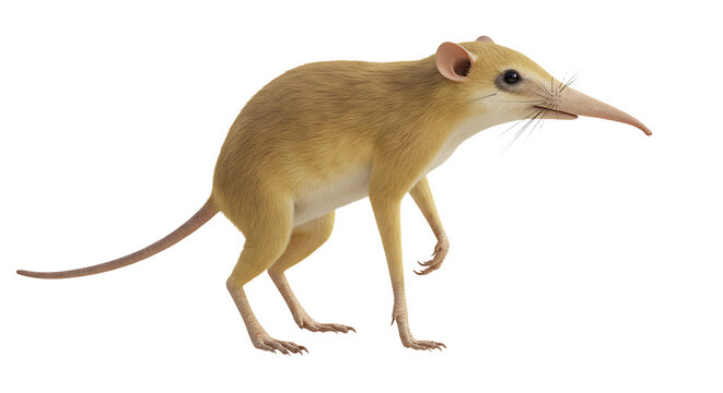 Golden longnosed potoroo with slender limbs and a prehensile tail