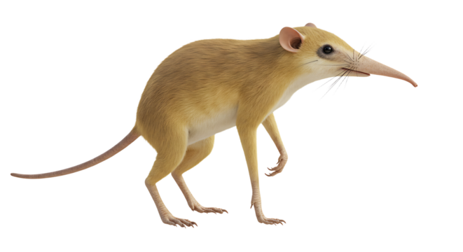 Golden longnosed potoroo with slender limbs and a prehensile tail