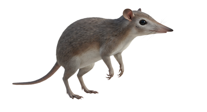 Longnosed bandicoot with grey fur and a pointed snout standing alert