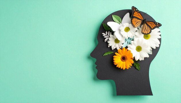 Cardboard silhouette of human head decorated with flowers and butterfly on mint background World mental health day concept Vertical banner Copy space 