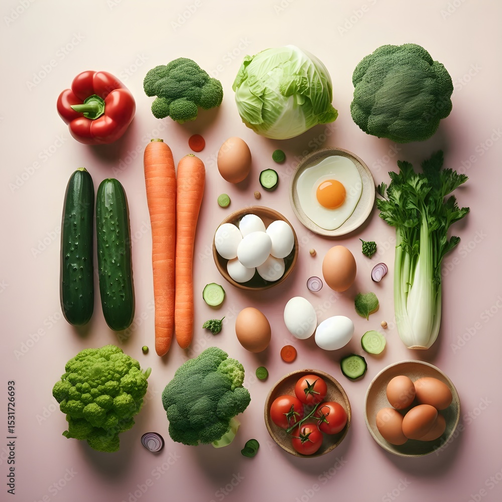 Poster healthy mix of eggs and vegetables displayed as minimalist top-view pattern over soft colored backgr