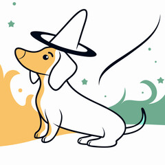 Cute Cartoon Dachshund Dog in Witch Hat and Space Ring