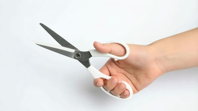 Caucasian hand holding open stainless steel scissors with white plastic handles against a plain white backdrop in a studio setting, close-up.
