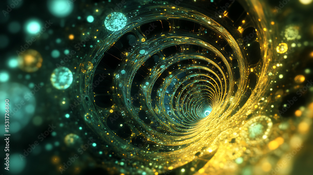 Poster a spiral of gold and green dots that looks like a tunnel. the tunnel is filled with many dots of dif