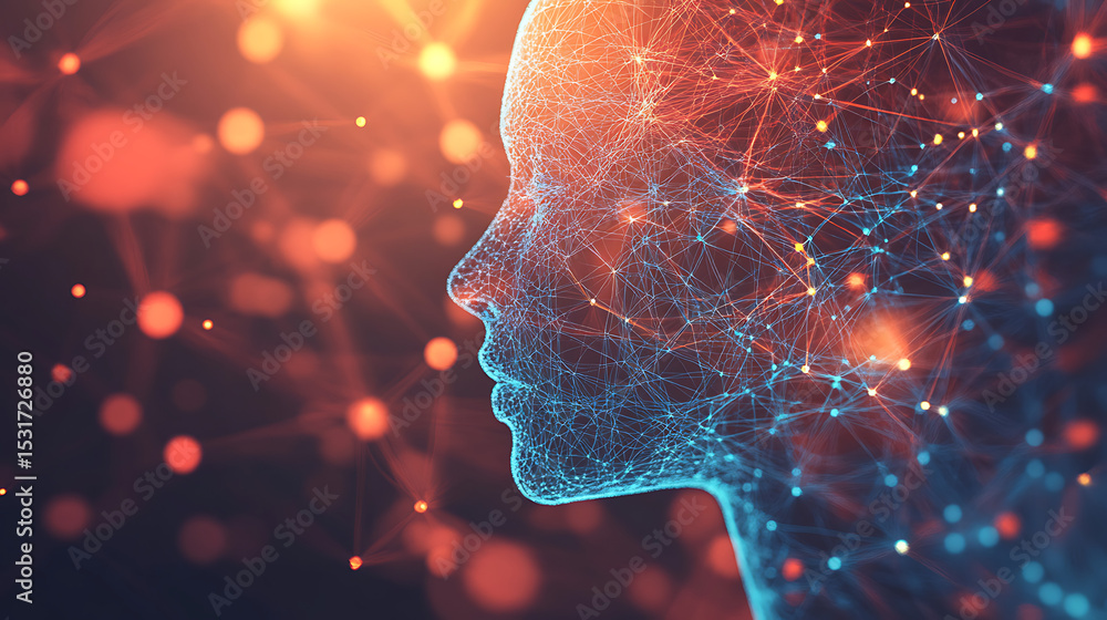 Poster a woman's face is shown in a computer generated image with a blue and red background. the image is a