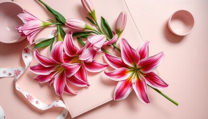 Overhead flat lay photograph of pink stargazer lilies on a light pink leather notebook