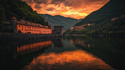 Fototapeta premium Serene Sunset Reflection Over Historic Fortress and Calm Waters