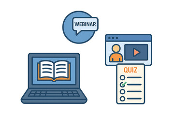 Obraz premium Digital education pack: laptop with book, webinar icon, video lesson, quiz sheet