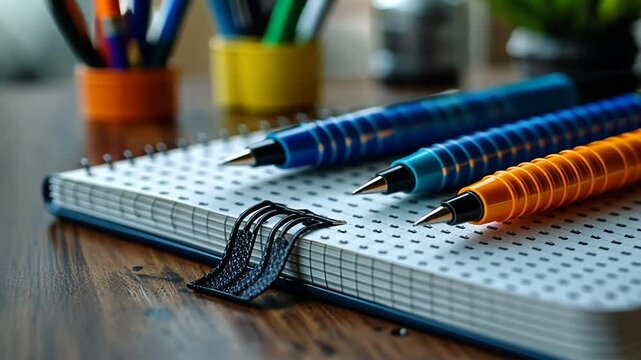 Colorful pens on a notebook with creative workspace