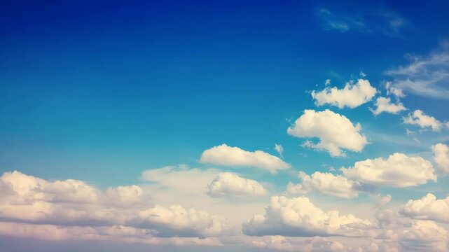 Fluffy white clouds drift across a serene blue sky on a clear summer day, creating a calming aerial landscape with a slight vintage filter.