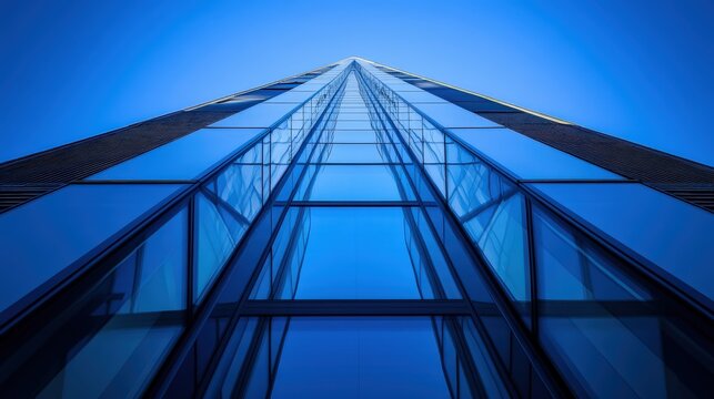 Tall Glass Building Reaching Towards Clear Blue Sky Above