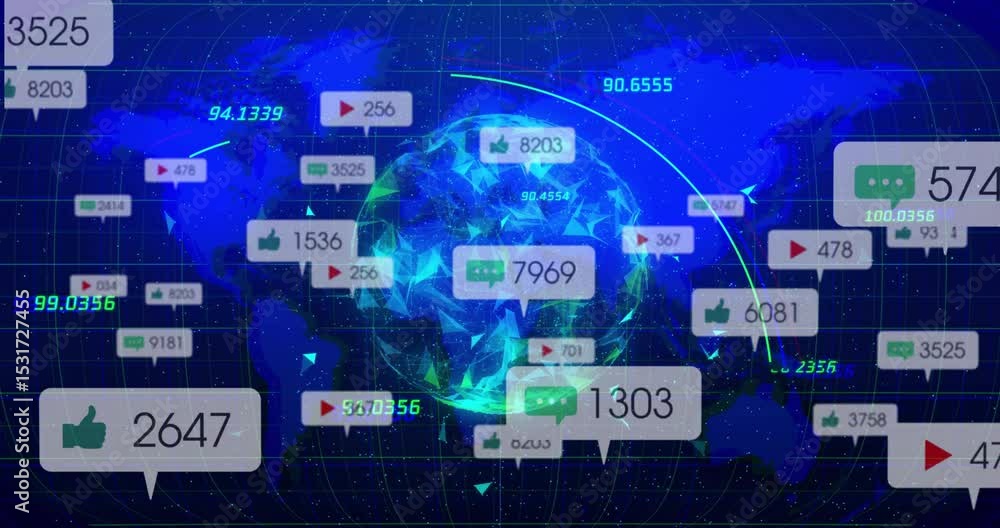 Poster after map loading, central globe rotating with chat bubbles linking data and visualizing engagement