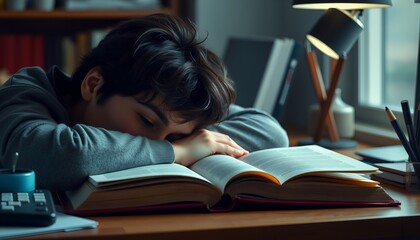 A young individual peacefully naps atop an open book, bathed in gentle lamp light near a window.