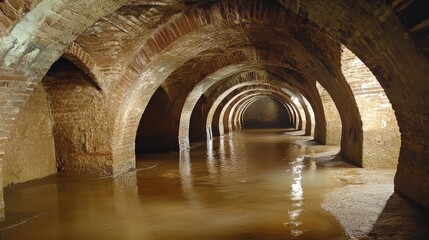 Obraz premium Underground Waterway with Arched Brick Walls and Reflections
