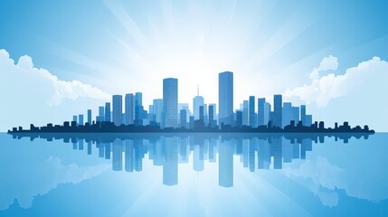Obraz premium Vibrant City Skyline Reflection Under Bright Blue Sky