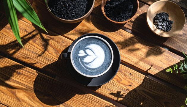 charcoal latte in black ceramic cup on wooden table, latte art with white froth, high-quality food photography, coffee shop setting, trendy health drink concep