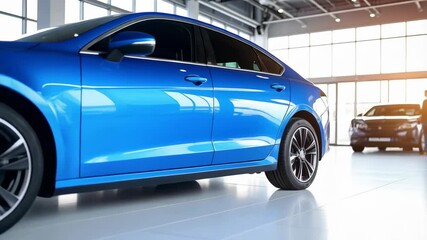 Elegant bright blue sedan on display in the showroom, black vehicle visible in background, automotive industry. - Powered by Adobe