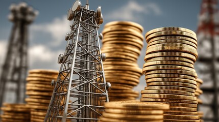 Signal transmitter mast with stacked gold coins, determines expensive internet prices