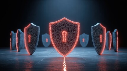 Digital shields with glowing red outlines form a protective barrier on a dark grid floor, symbolizing cybersecurity and data protection.