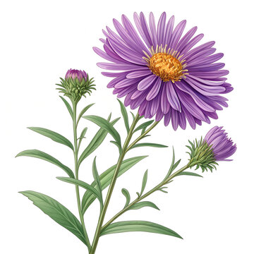 New England Aster Bloom with Purple Petals Realistic Wildflower Vector Illustration