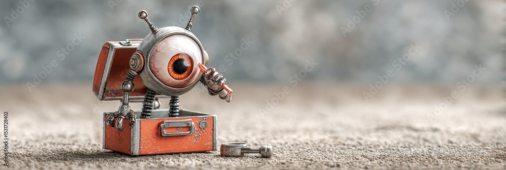 Aufkleber humorous tiny robot performs eye repair using toolbox with quirky details and an open top in a playf