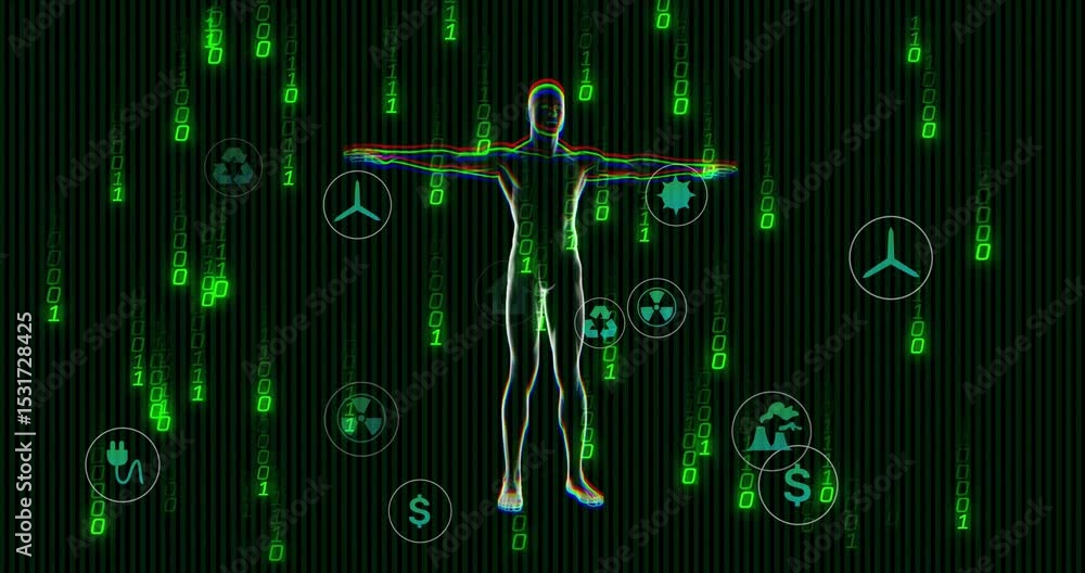 Poster binary streams starting 3d avatar turning glitching while icons popping then falling showing data