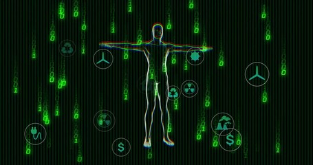 Binary streams starting 3D avatar turning glitching while icons popping then falling showing data - Powered by Adobe