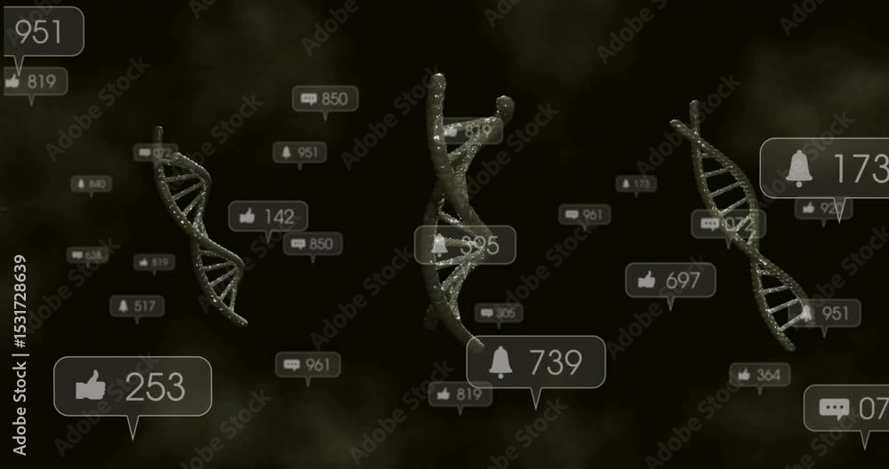 Poster initializing three metallic dna helices floating and updating social metrics showing engagement