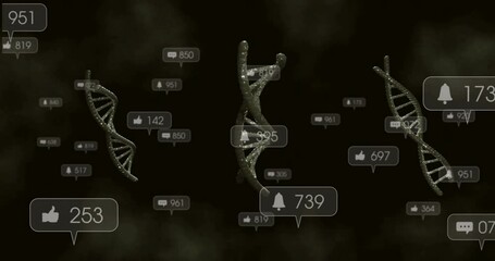Initializing three metallic DNA helices floating and updating social metrics showing engagement - Powered by Adobe