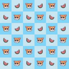 A cute and playful patterns featuring illustration of Red raccoons and watermelon perfect for animals, nature design, food themed, packaging design, gift warp or home decor etc
