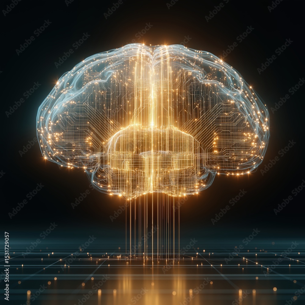 Poster a glowing digital brain composed of circuit-like connections, symbolizing artificial intelligence an