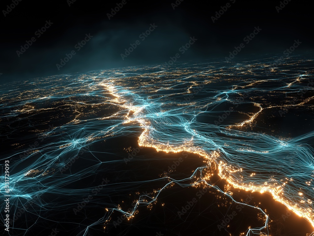 Poster a glowing network of interconnected lines and nodes, representing digital connectivity across a vast