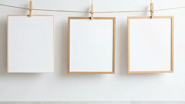 Three light wood picture frames hanging on a string with wooden clothespins against a white wall, providing blank space for artwork