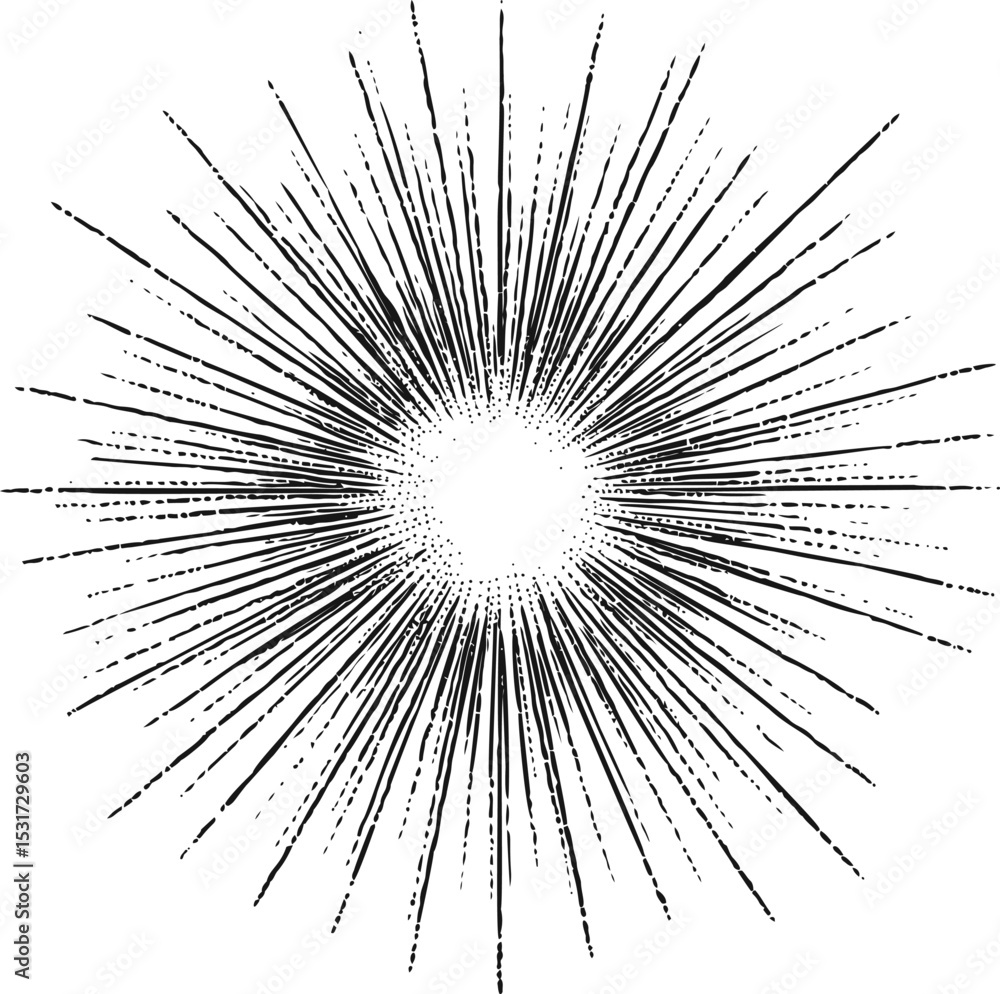 Poster abstract black and white starburst with radial lines pattern. vector illustration in sketch style